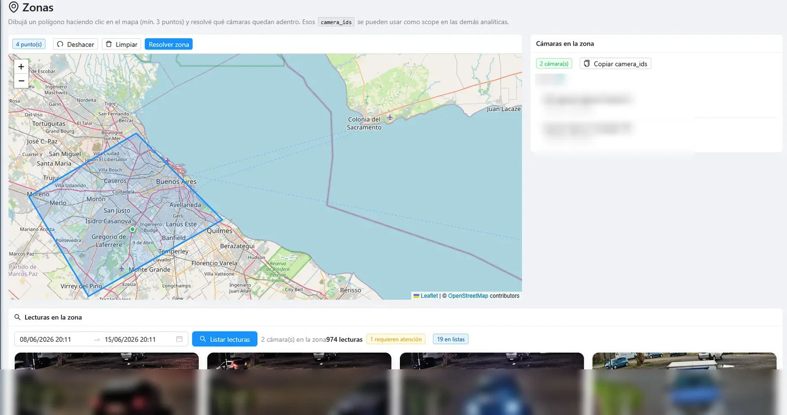 Zonas: se dibuja un polígono sobre el mapa y se resuelven las cámaras y lecturas contenidas