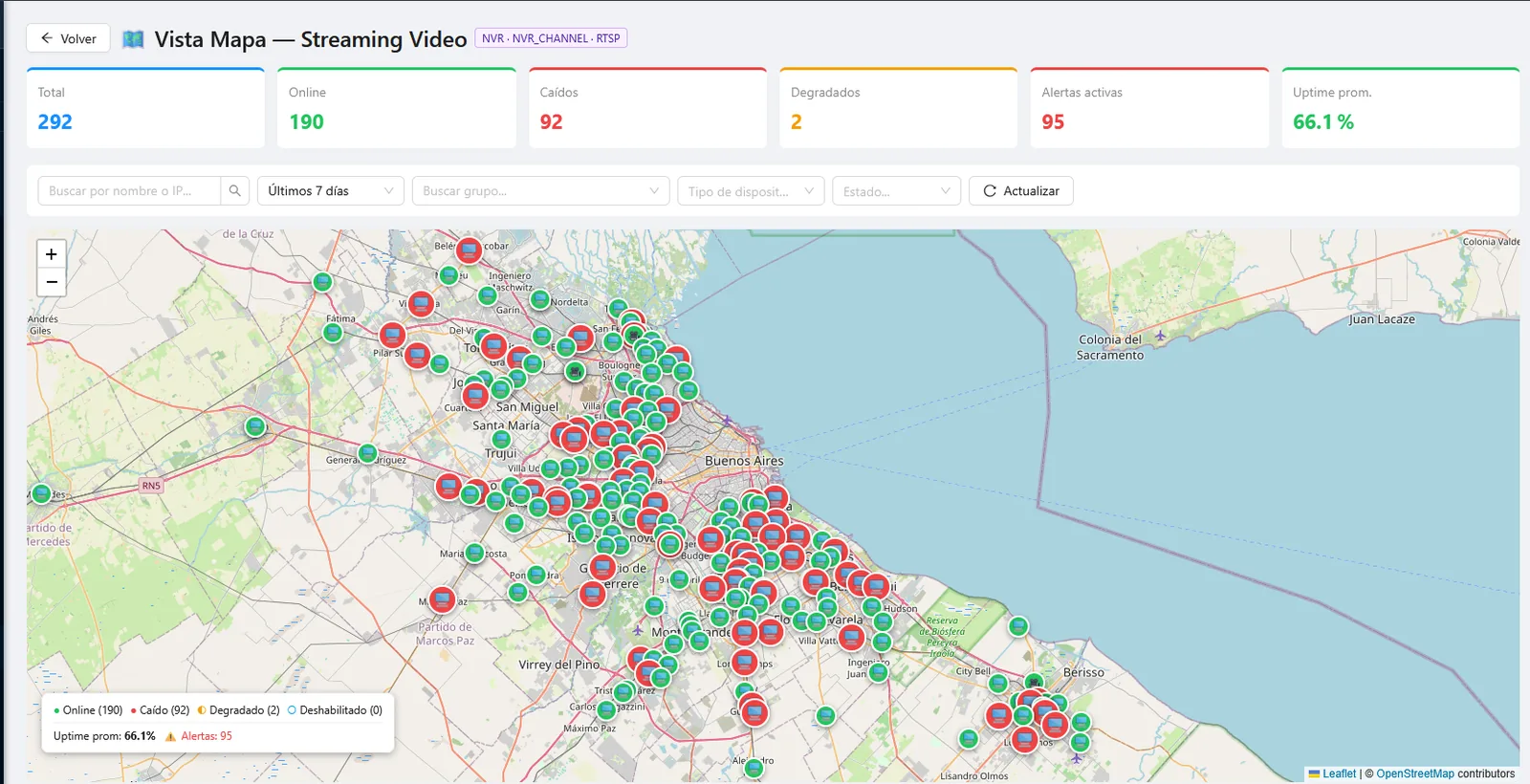 Mapa operativo con cientos de puntos de cámaras y su estado a lo largo de una región